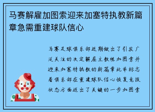 马赛解雇加图索迎来加塞特执教新篇章急需重建球队信心
